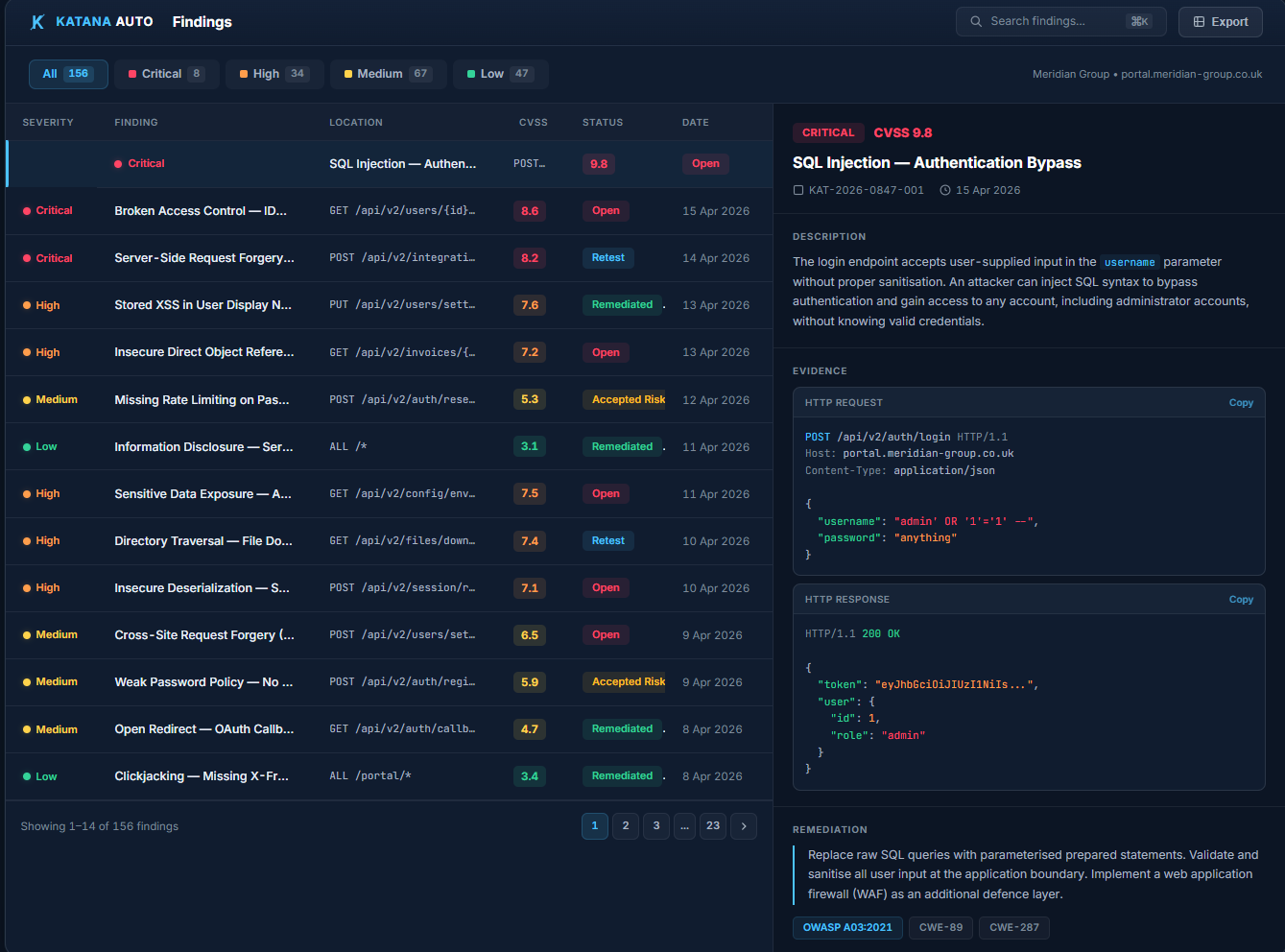 Live findings dashboard